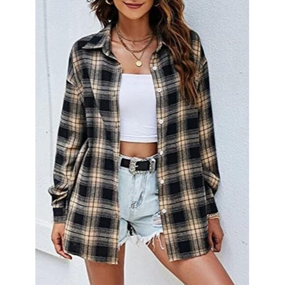Women Flannel Buffalo Plaid Shirt Cotton Polyester Oversized Button Down - Picture 3 of 5